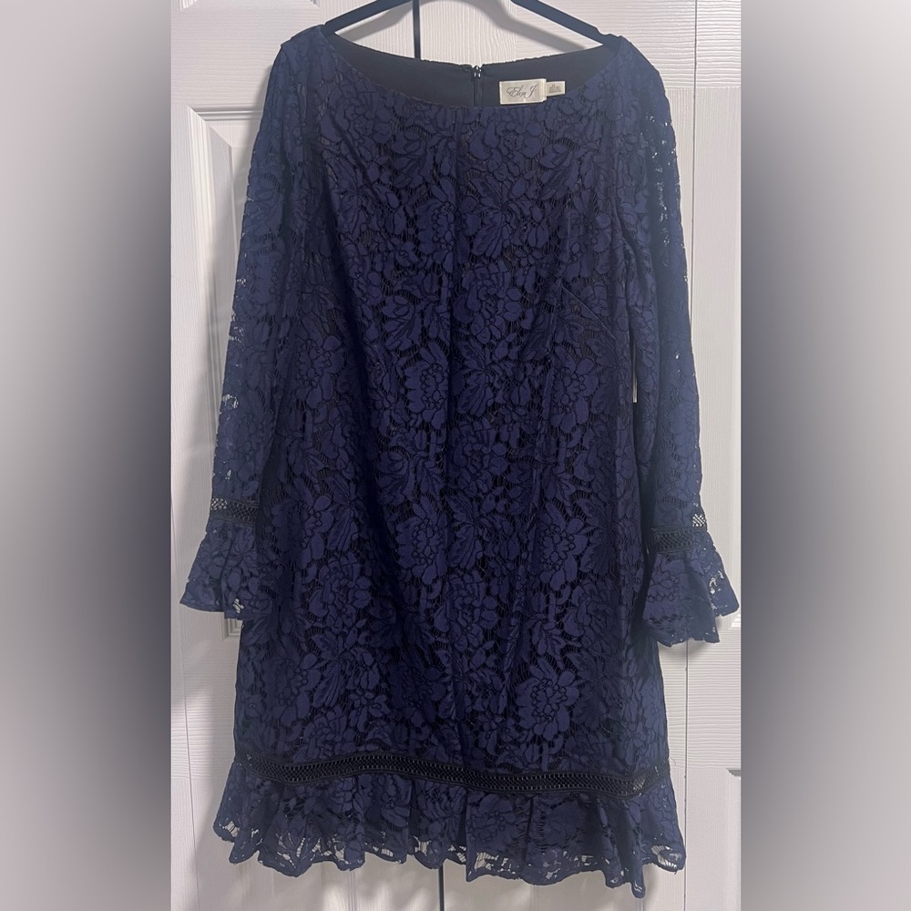 Women's Eliza J Navy Floral Lace Flared 3/4 Sleeved Dress